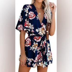 Navy Blue Summer Beach Romper With Flowers in Size Small.  Preloved by Aimcoo.